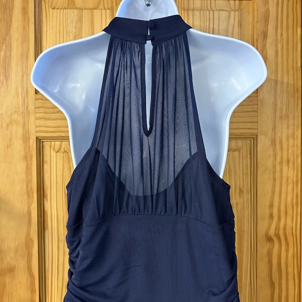 V501 Venus Women’s Sz Lg High Collar Navy Ruche Sleeveless Blouse NWOT - Picture 8 of 14